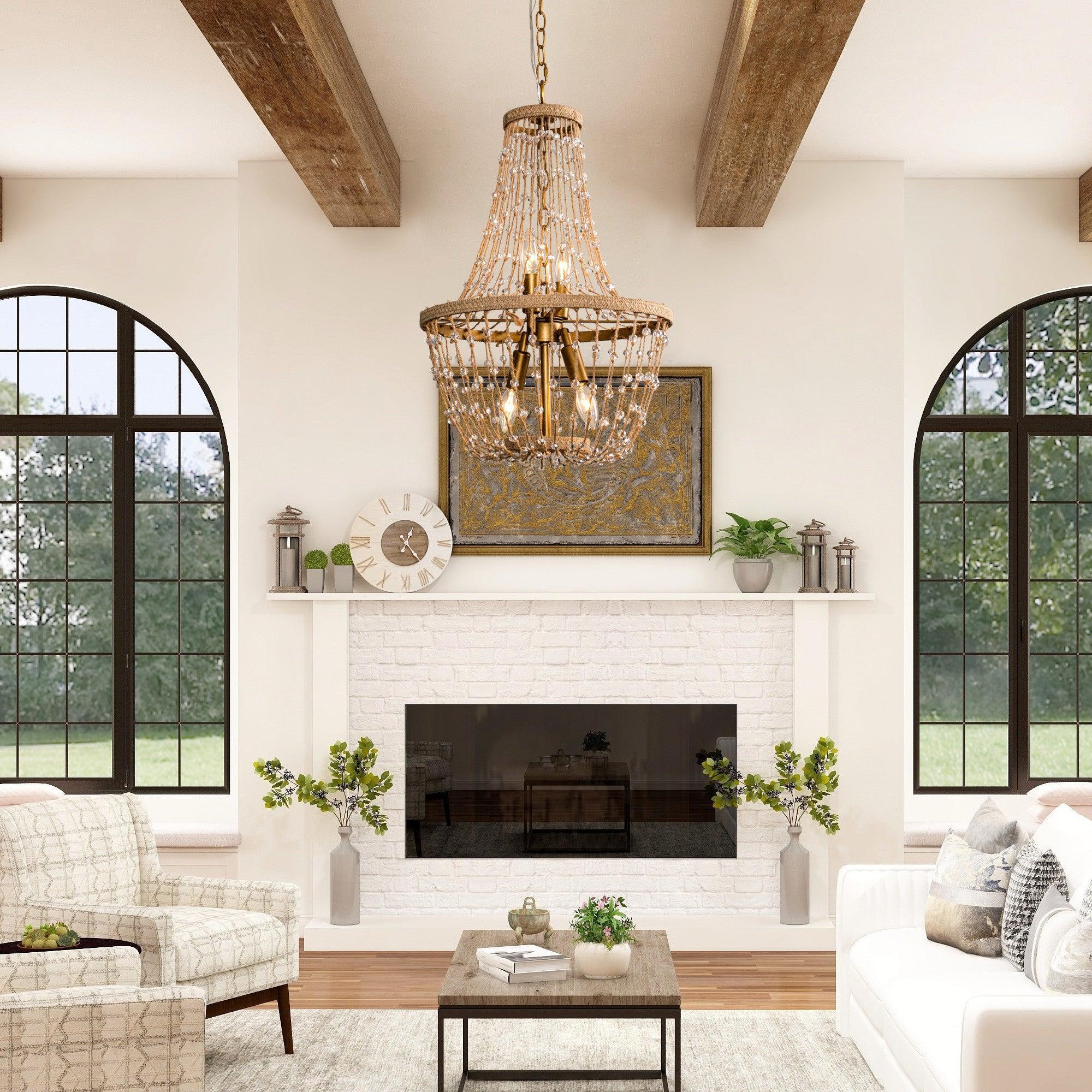 Weathered Wood Modern Beaded 4-Light Chandelier