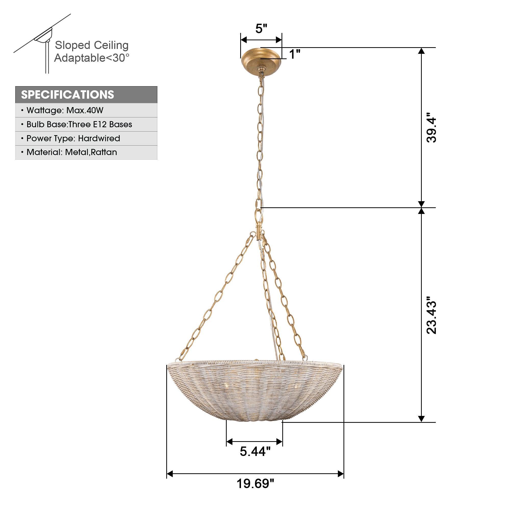 Coastal Farmhouse Wabi-Sabi 3-Light Rattan Bowl Pendant Light