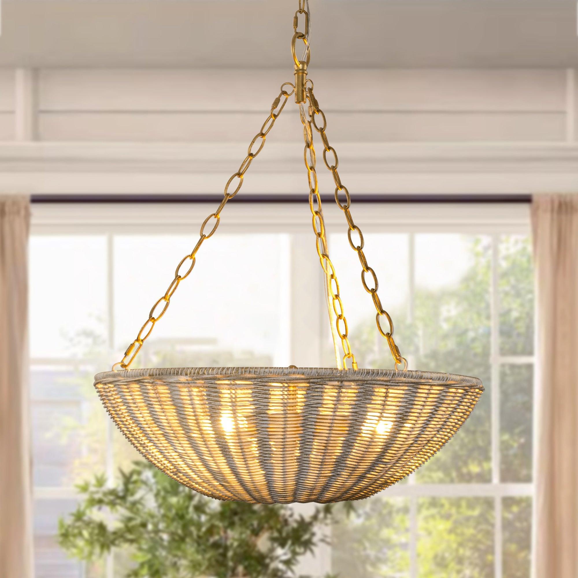 Coastal Farmhouse Wabi-Sabi 3-Light Rattan Bowl Pendant Light