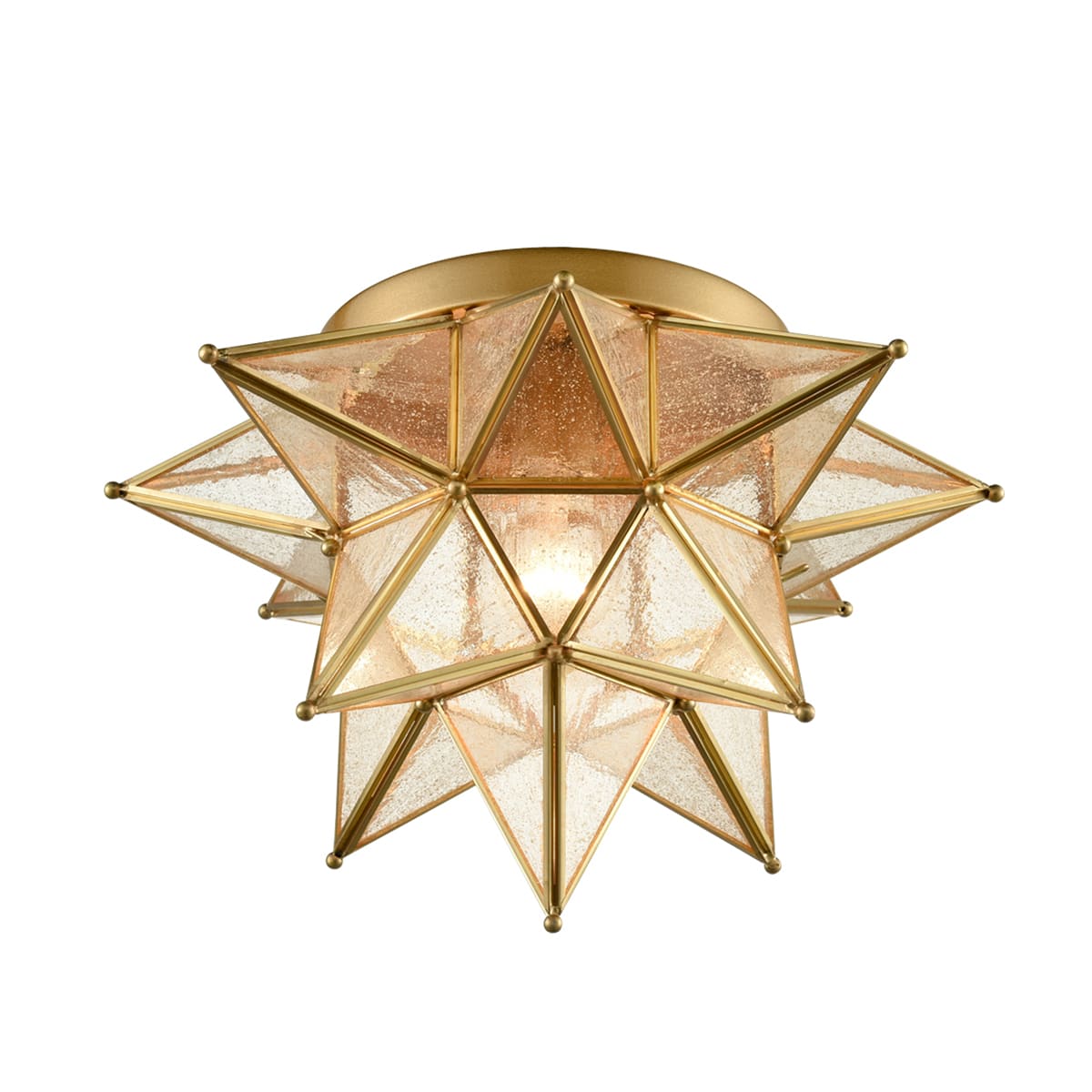 Brass Moravian Star Flush Mount Ceiling Light with Seeded Glass
