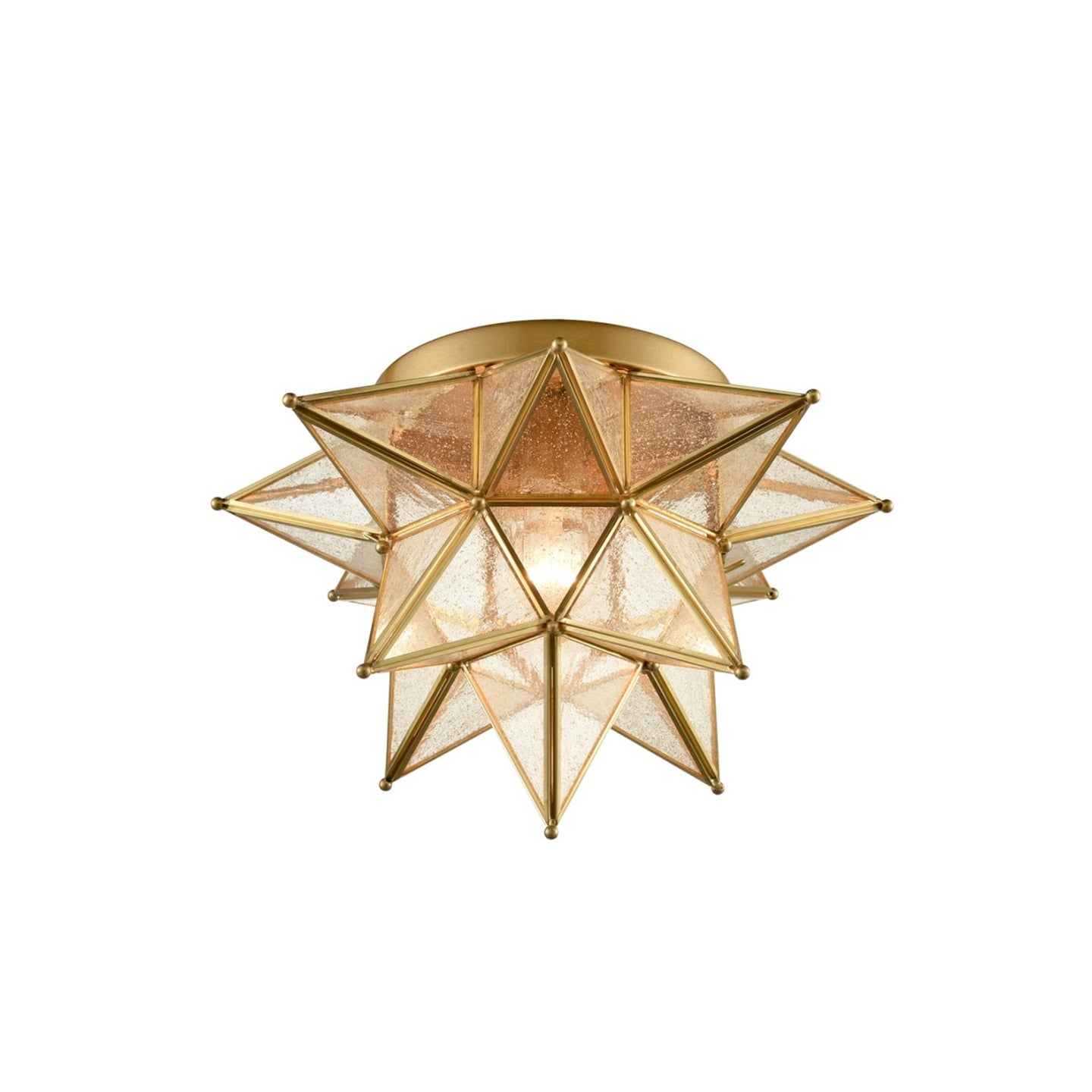 Brass Moravian Star Flush Mount Ceiling Light with Seeded Glass