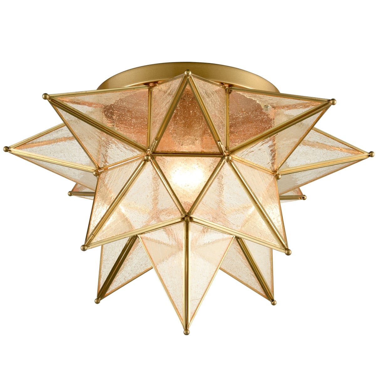 Brass Moravian Star Flush Mount Ceiling Light with Seeded Glass