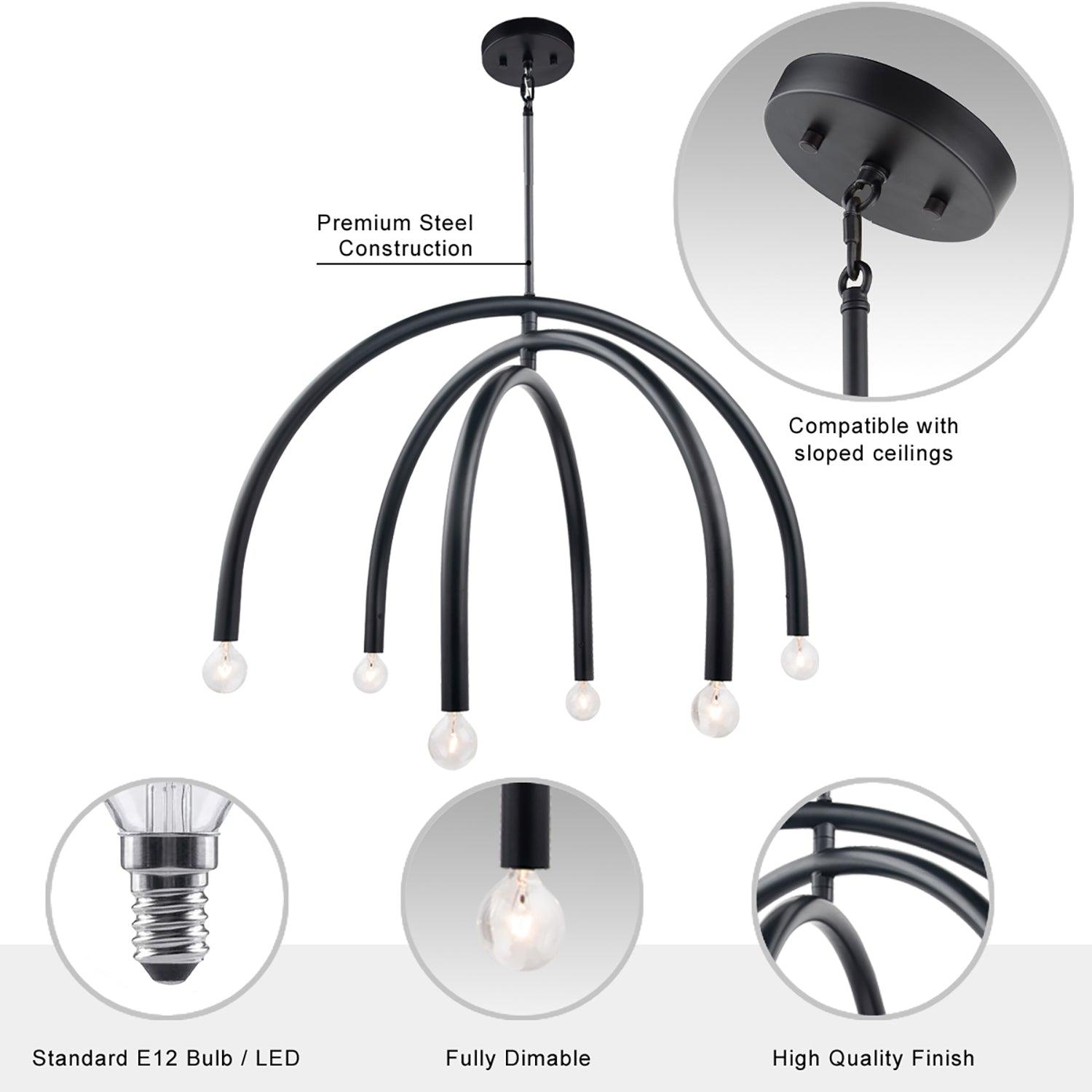 Caboche Mid Century Modern Black 6 Light Dimmable Chandelier