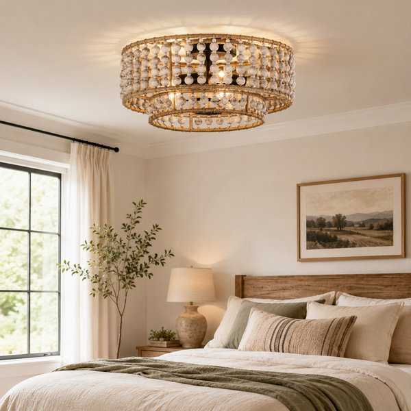 Farmhouse Wood Beaded 3-Light Flush Mount Ceiling Light