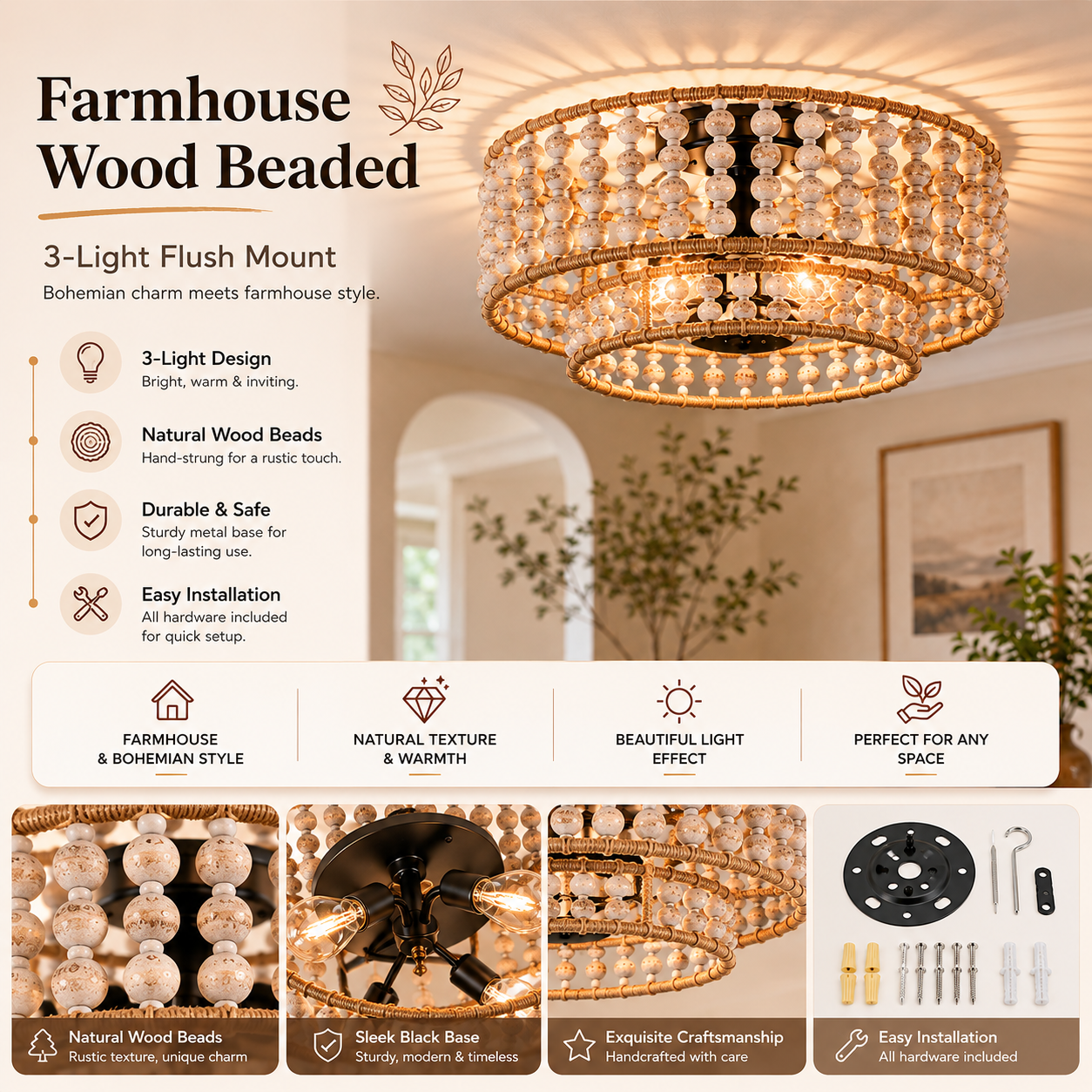 Farmhouse Wood Beaded 3-Light Flush Mount Ceiling Light