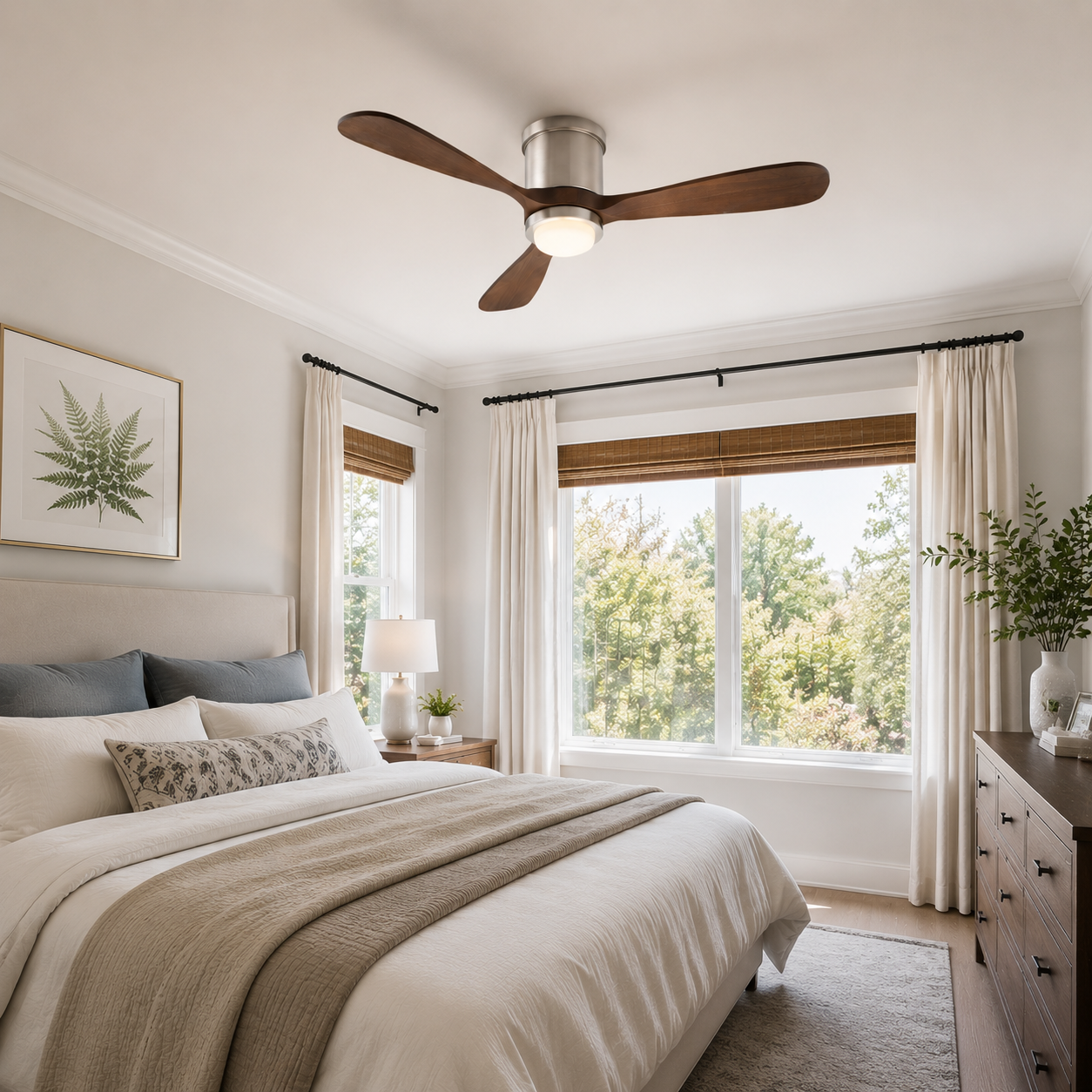52" Mayna Flush Mount Ceiling Fan,Solid Wood Blades