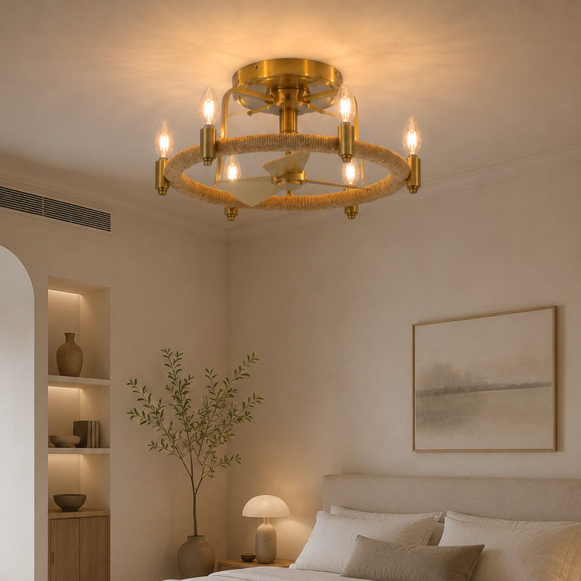 20" Modern Golden Rattan Flush Mount Ceiling Fan