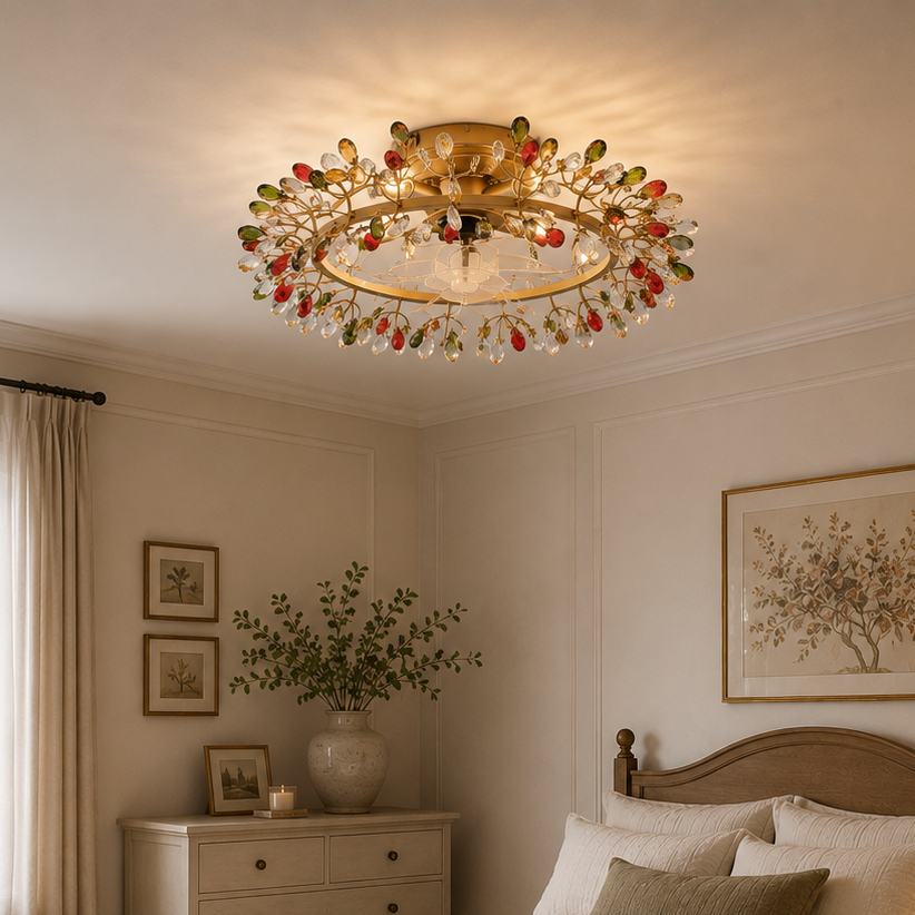 23" Clara Modern Golden Crystal Flush Mount Ceiling Fan With Light
