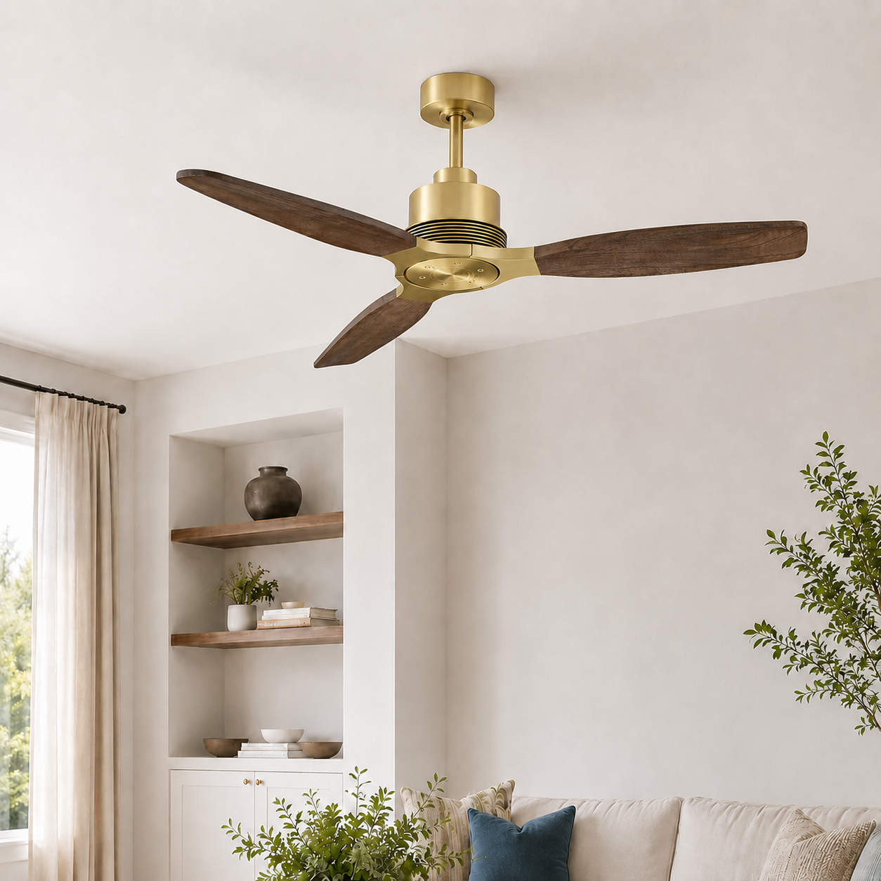 56" Modern Soft Brass & Solid Wood Ceiling Fan, No Light