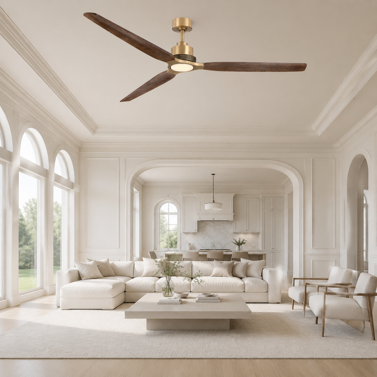 84" Modern Soft Brass Ceiling Fan with Solid Wood Blades for Large Spaces