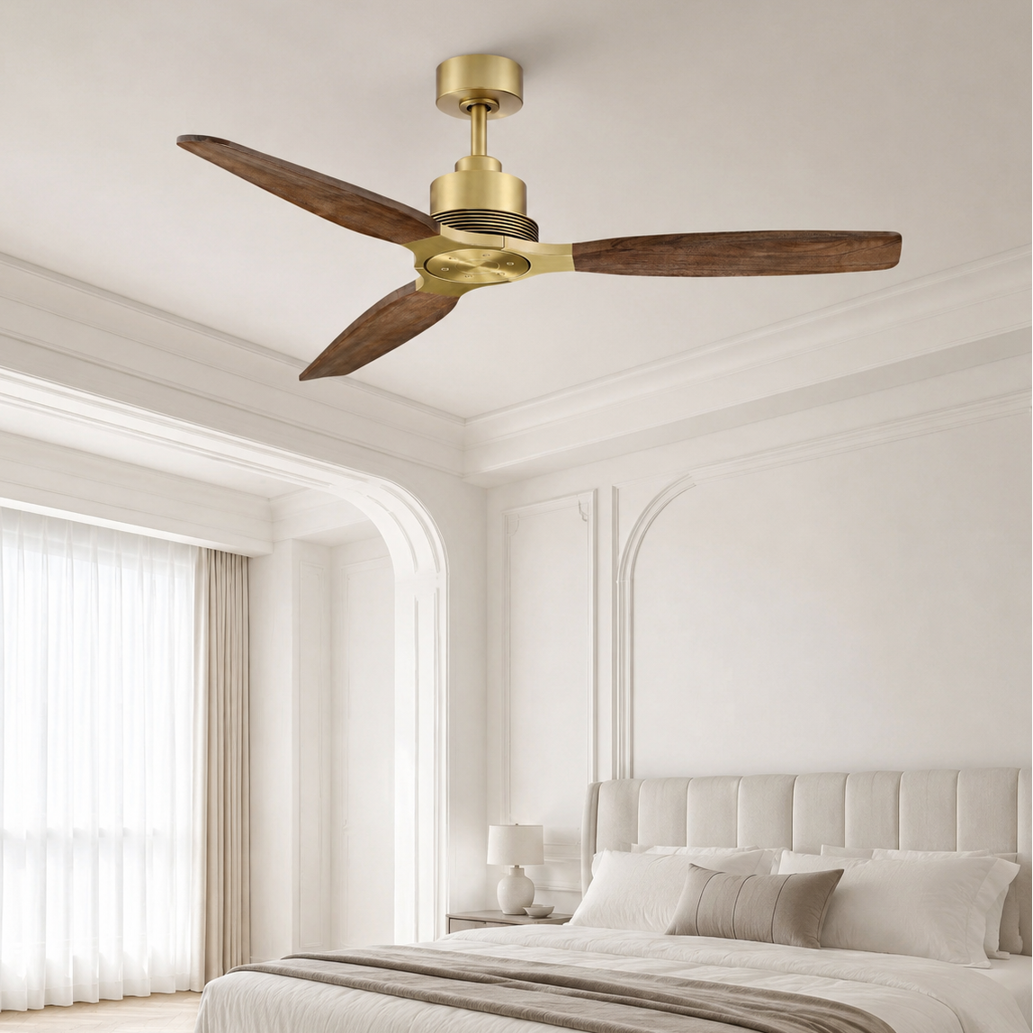 56" Modern Soft Brass & Solid Wood Ceiling Fan, No Light