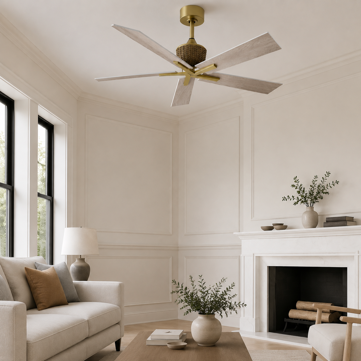 52" Rex Farmhouse Soft Brass Downrod Mount Ceiling Fan