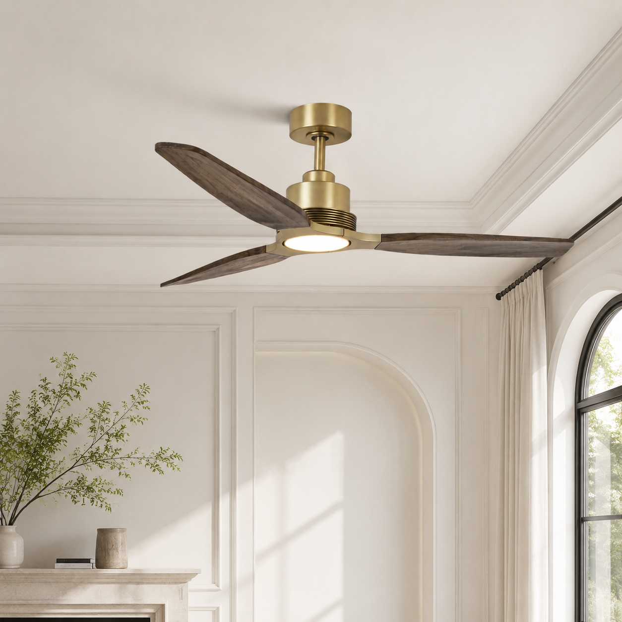 56" Modern Soft Brass & Solid Wood Ceiling Fan with LED Light