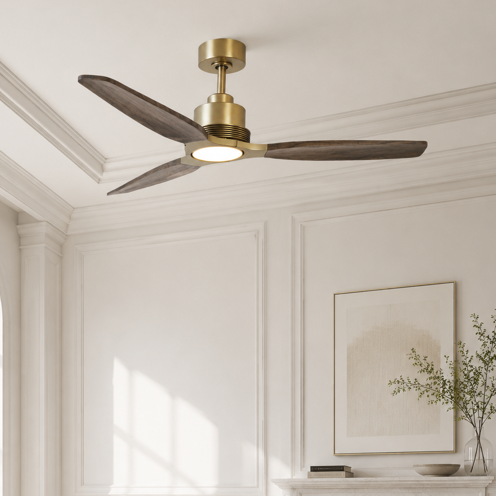 56" Modern Soft Brass & Solid Wood Ceiling Fan with LED Light