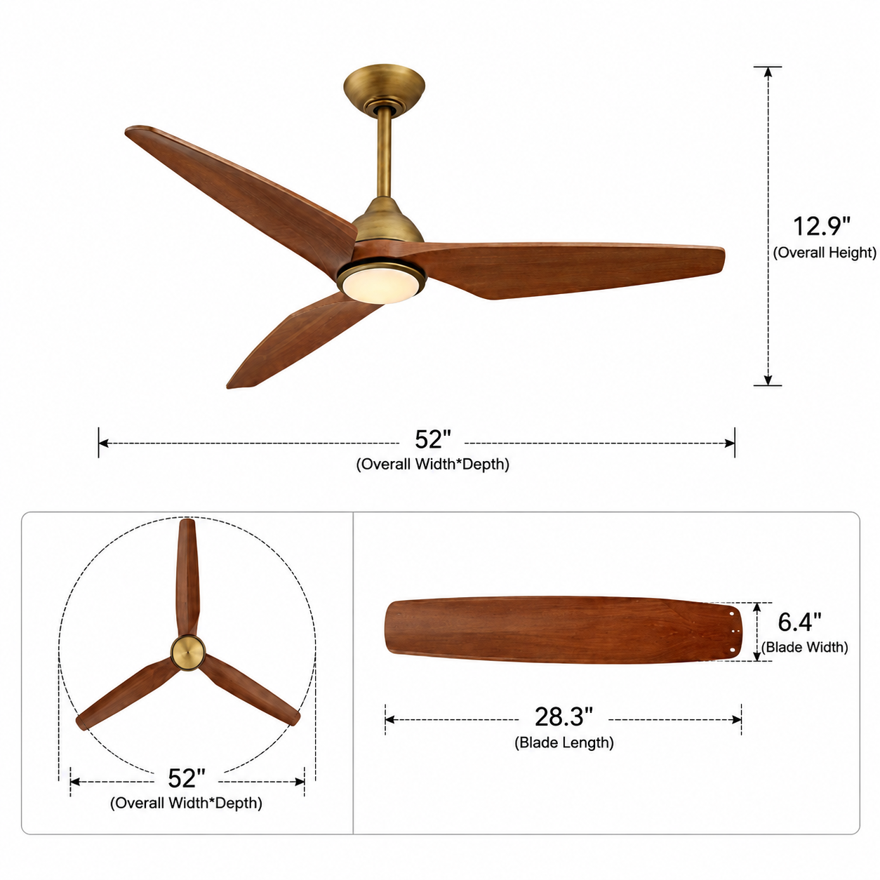 52" Jared Modern Solid Wood Blade LED Ceiling Fan