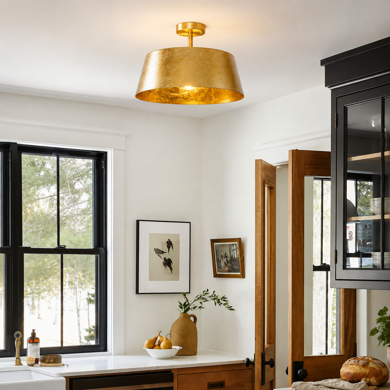 Modern Golden Downrod 3-Light Semi Flush Mount Light
