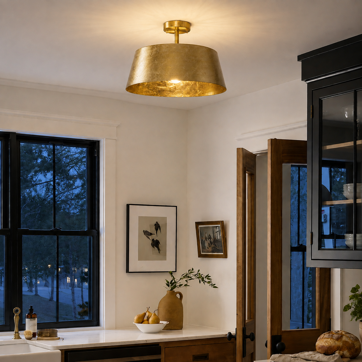 Modern Golden Downrod 3-Light Semi Flush Mount Light