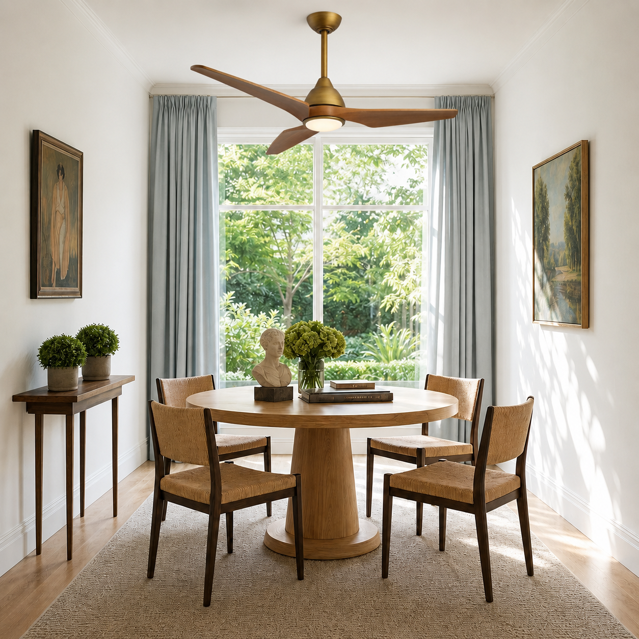 Modern wooden ceiling fan with integrated light fixture in a bright dining room.