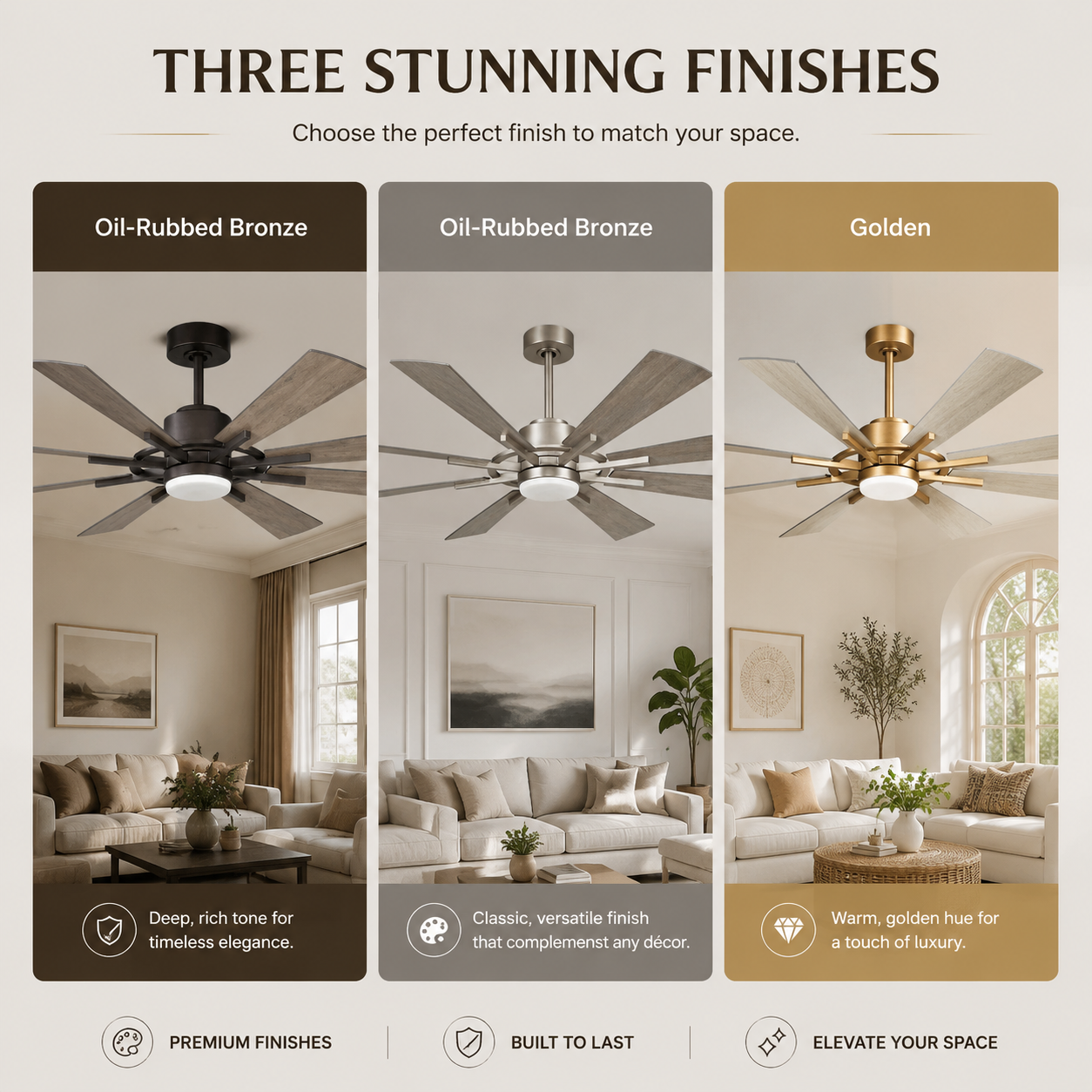 Three ceiling fans in Oil-Rubbed Bronze and Golden finishes in modern living rooms.