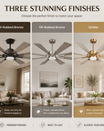 Three ceiling fans in Oil-Rubbed Bronze and Golden finishes in modern living rooms.
