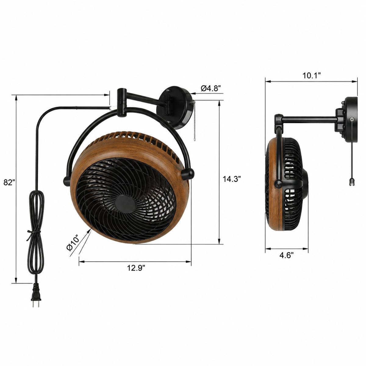 Wall-mounted ceiling fan with a wooden frame and black finish, including dimensions.