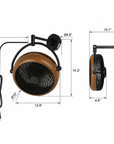 Wall-mounted ceiling fan with a wooden frame and black finish, including dimensions.