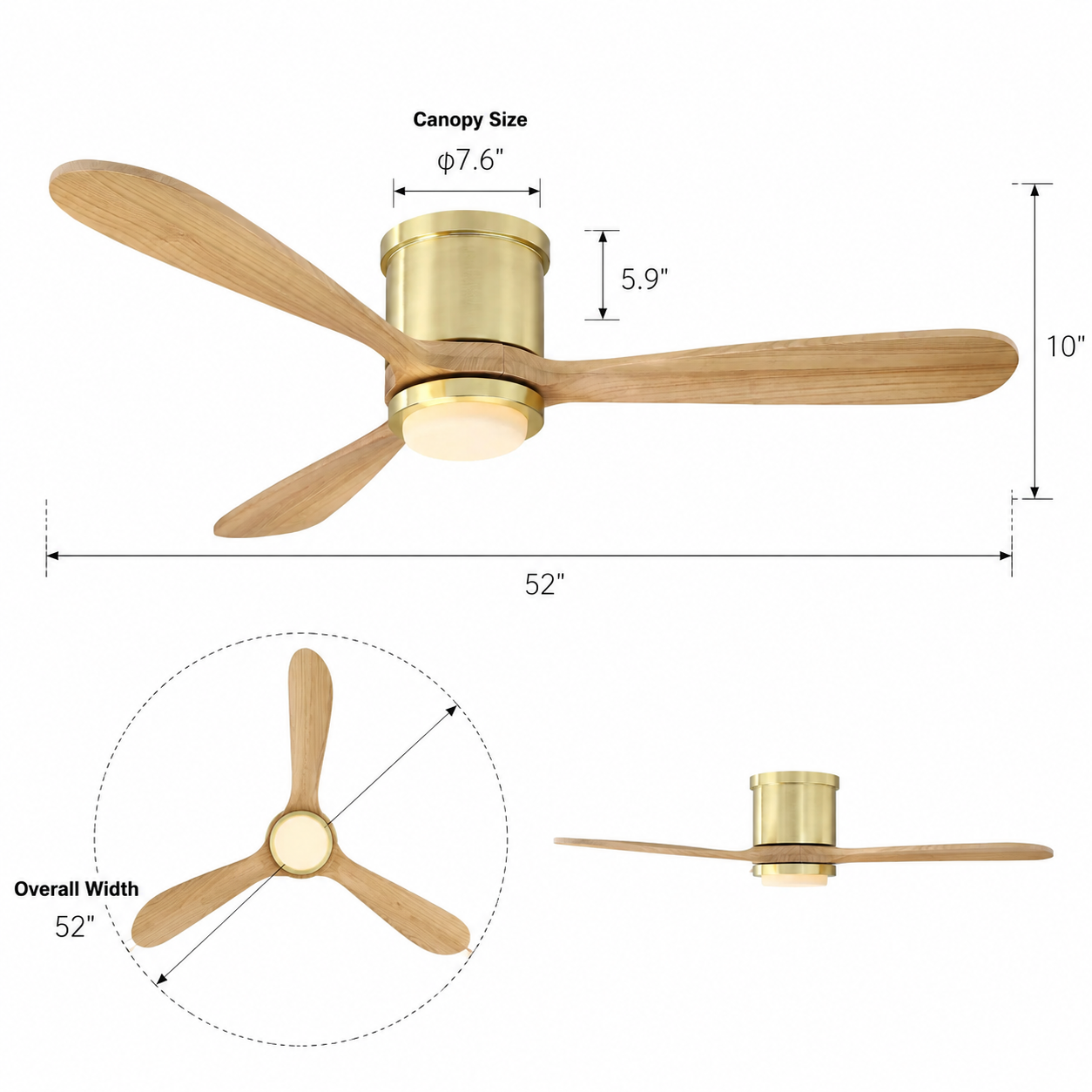 Modern ceiling fan with three wooden blades, brass finish, and integrated light with dimensions.