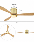 Modern ceiling fan with three wooden blades, brass finish, and integrated light with dimensions.