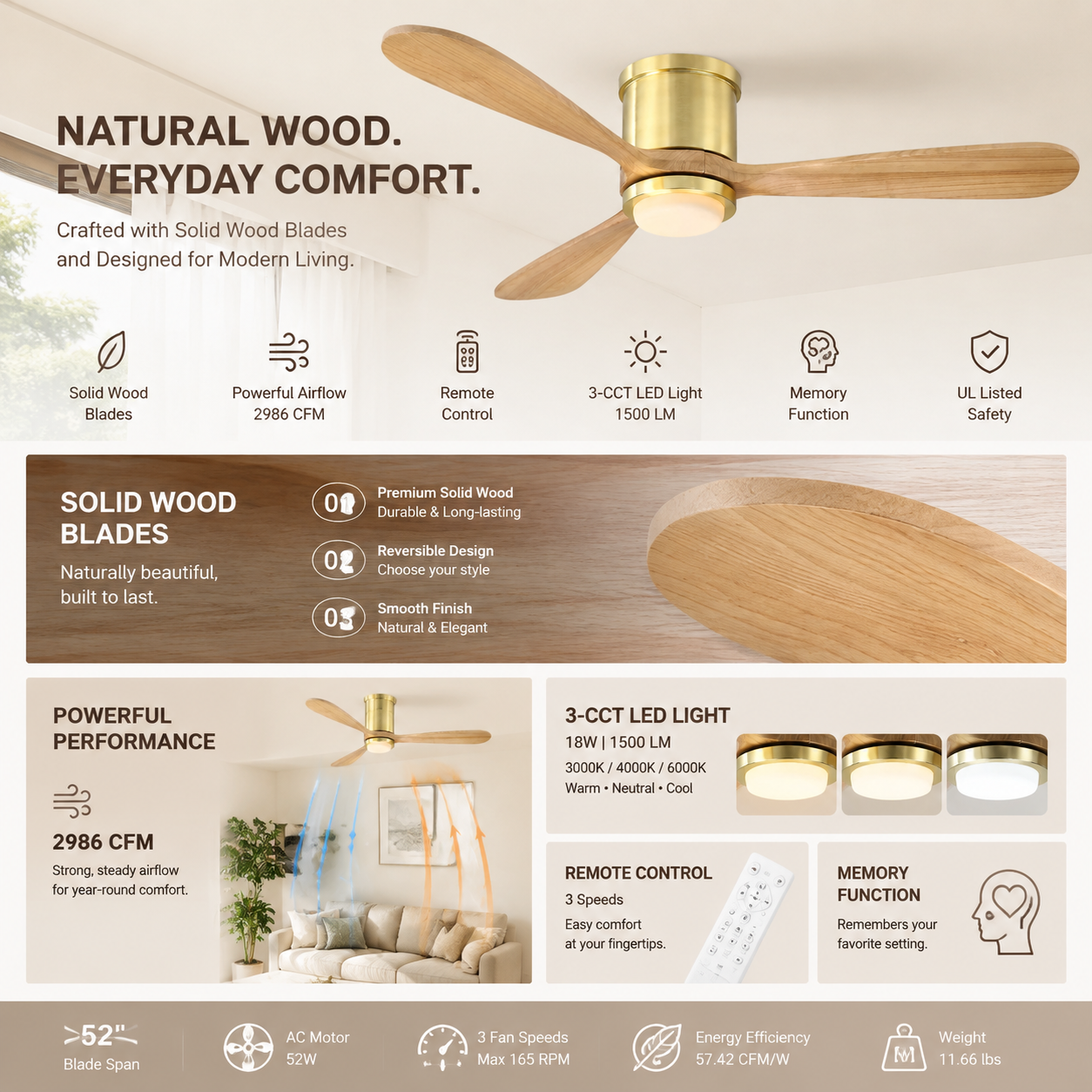 Modern ceiling fan with solid wood blades and integrated LED light.