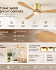 Modern ceiling fan with solid wood blades and integrated LED light.