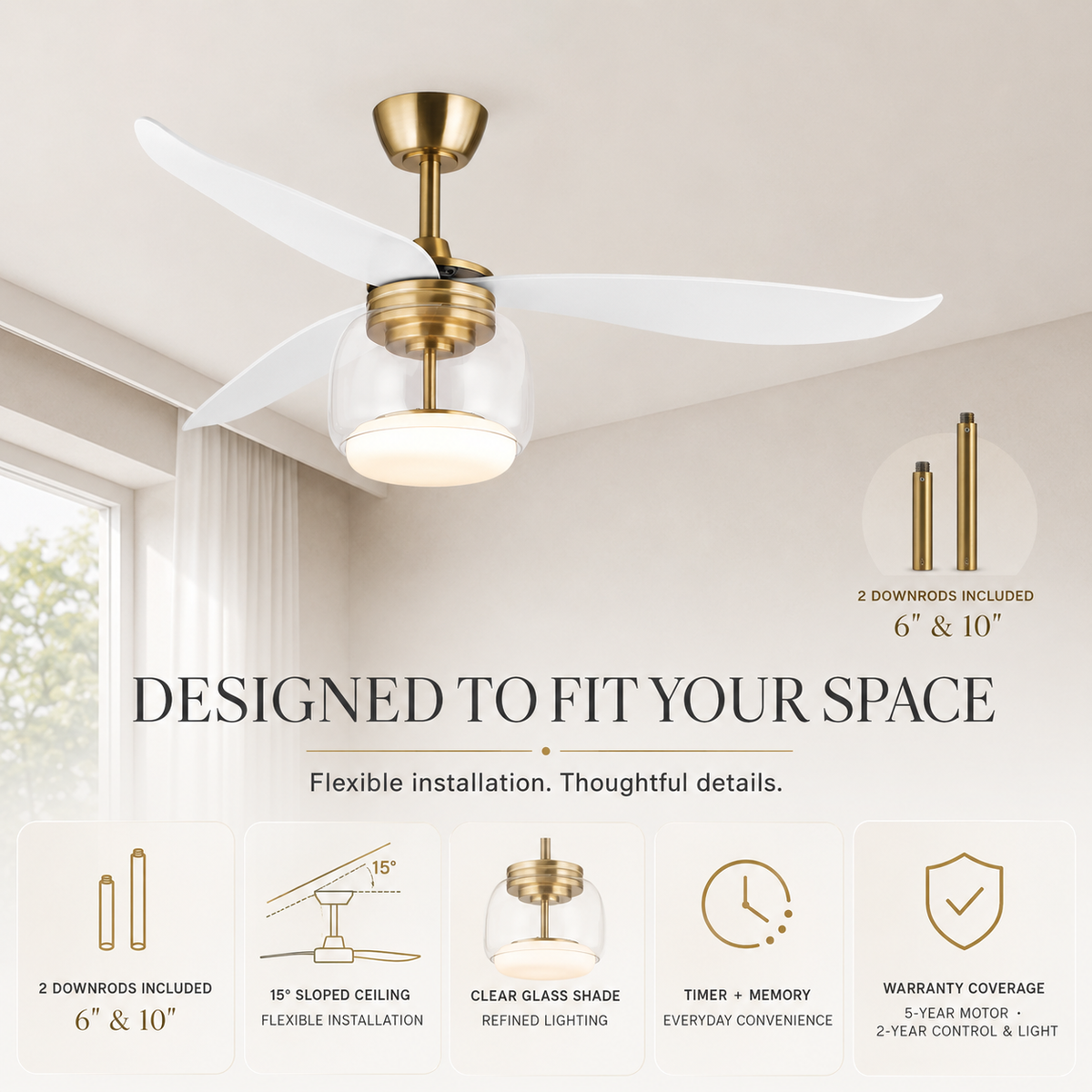 Modern brass ceiling fan with white blades and a clear glass light fixture.