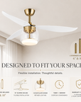 Modern brass ceiling fan with white blades and a clear glass light fixture.