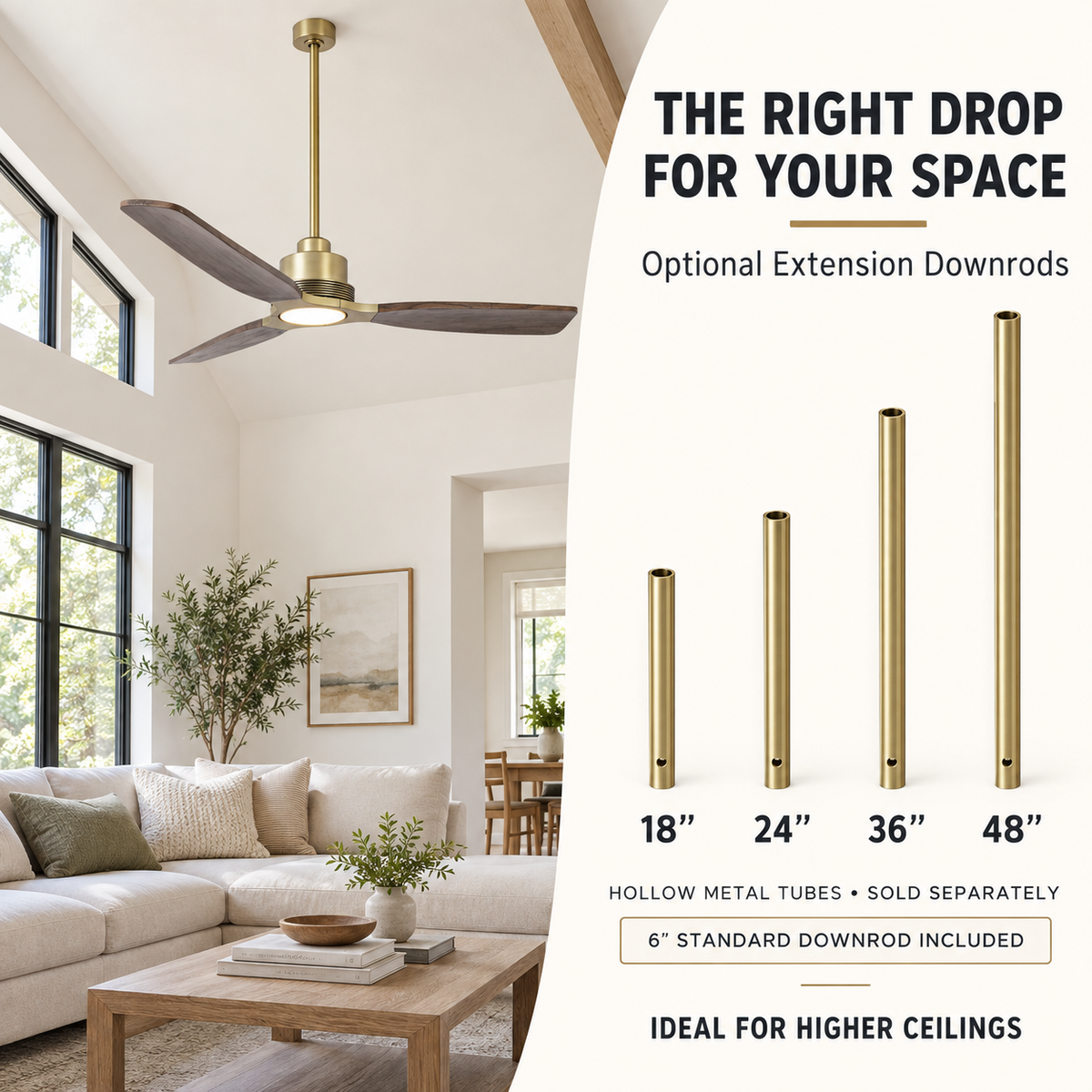 56" Modern Soft Brass &amp; Solid Wood Ceiling Fan with LED Light