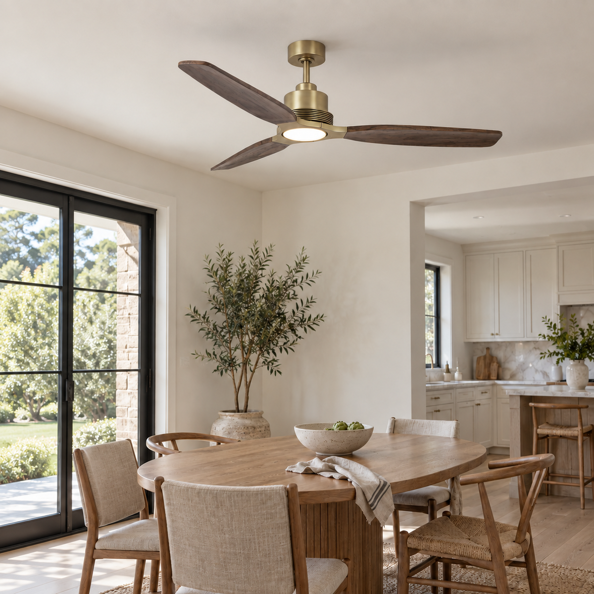 56" Modern Soft Brass &amp; Solid Wood Ceiling Fan with LED Light
