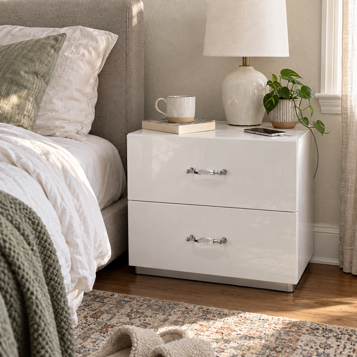 Stoholm White 2-Drawer Nightstand with Crystal-Style Handles