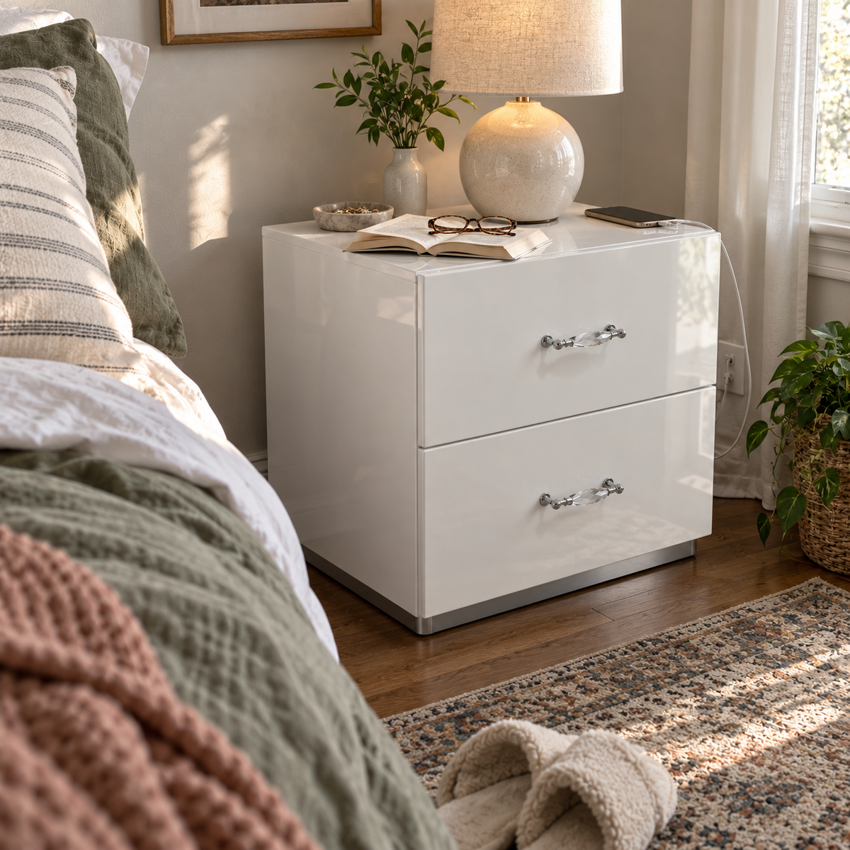 Stoholm White 2-Drawer Nightstand with Crystal-Style Handles