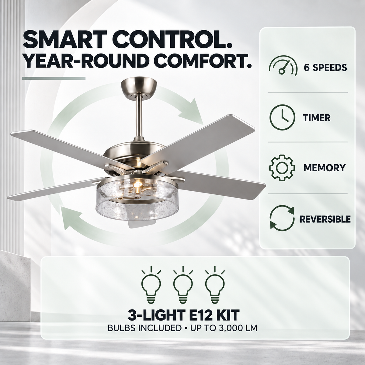 52" Archer Modern Satin Nickel Downrod Ceiling Fan With Light
