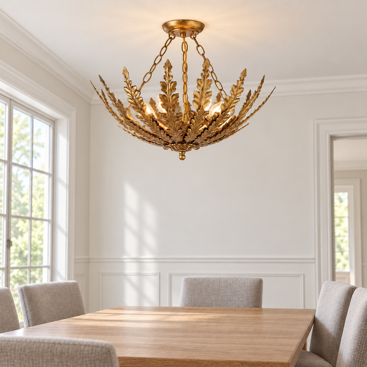 Belle 4-Light Botanical Gold Leaf Semi-Flush Chandelier