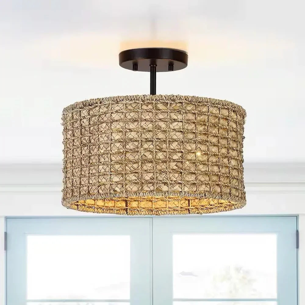 Bohemian 13.6-inch Round Rattan Drum 2-Light Ceiling Light - Semi-Flush Mount - IPLUS Lighting