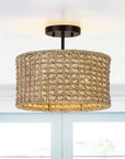 Bohemian 13.6-inch Round Rattan Drum 2-Light Ceiling Light - Semi-Flush Mount - IPLUS Lighting