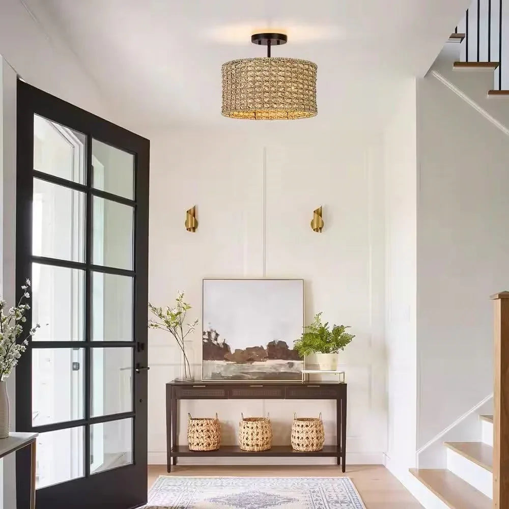 Bohemian 13.6-inch Round Rattan Drum 2-Light Ceiling Light - Semi-Flush Mount - IPLUS Lighting