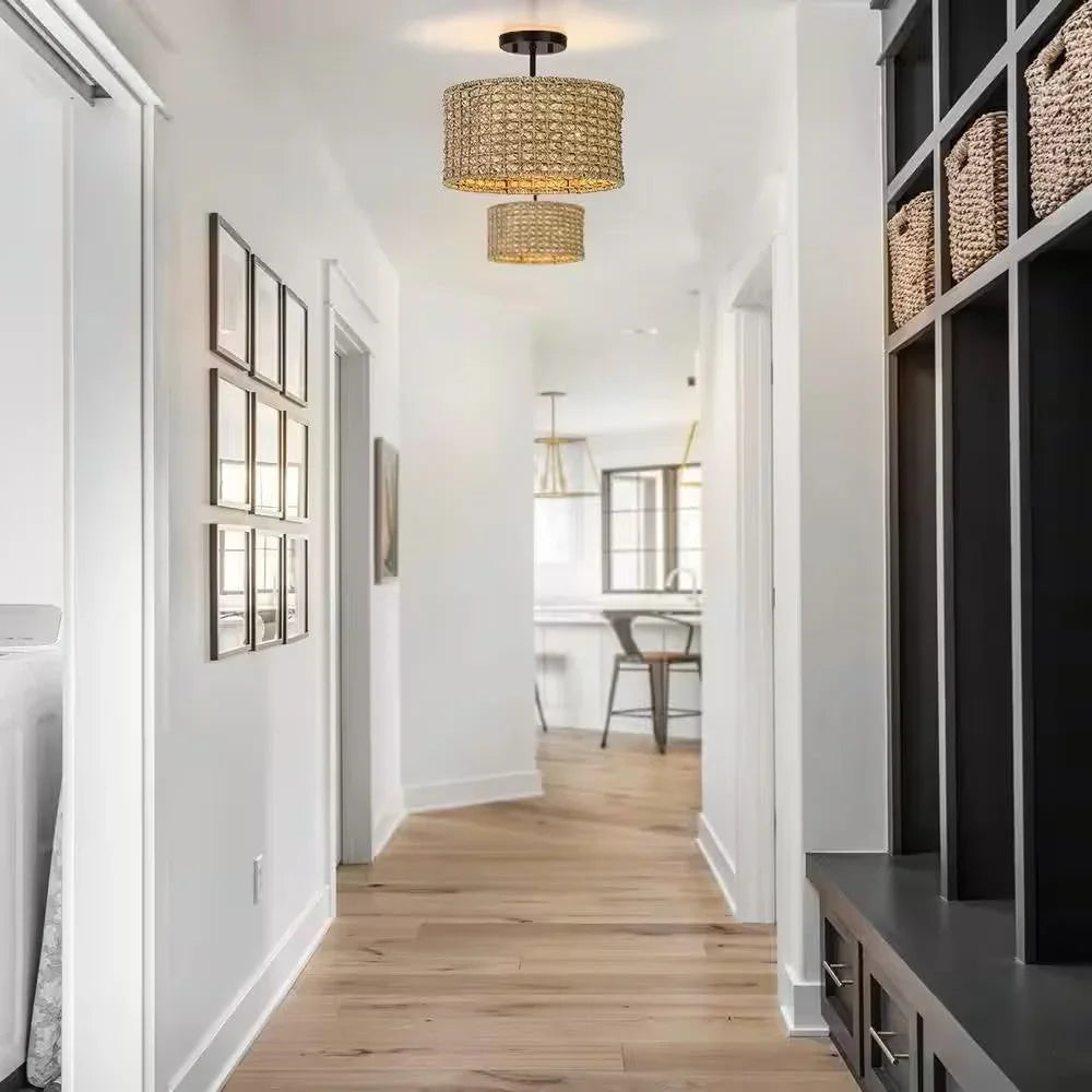 Bohemian 13.6-inch Round Rattan Drum 2-Light Ceiling Light - Semi-Flush Mount - IPLUS Lighting