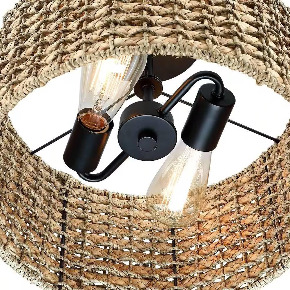 Bohemian 13.6-inch Round Rattan Drum 2-Light Ceiling Light - Semi-Flush Mount - IPLUS Lighting