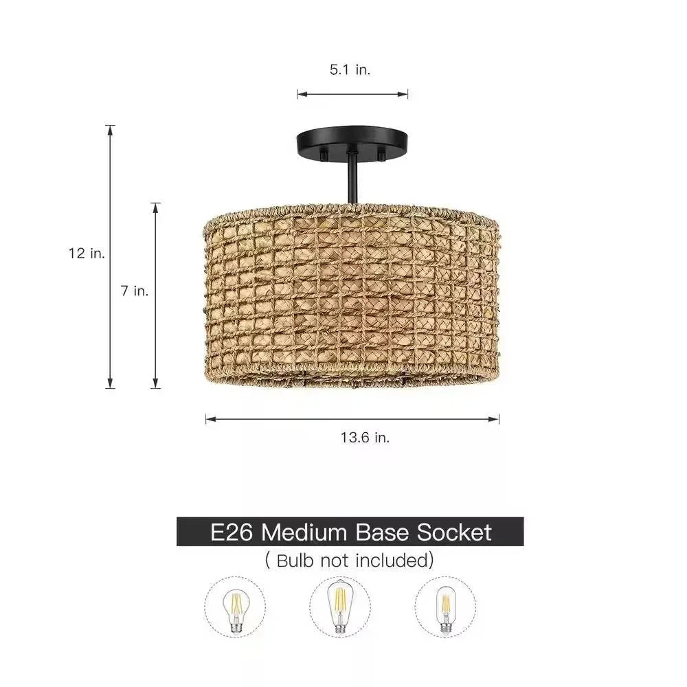 Bohemian 13.6-inch Round Rattan Drum 2-Light Ceiling Light - Semi-Flush Mount - IPLUS Lighting