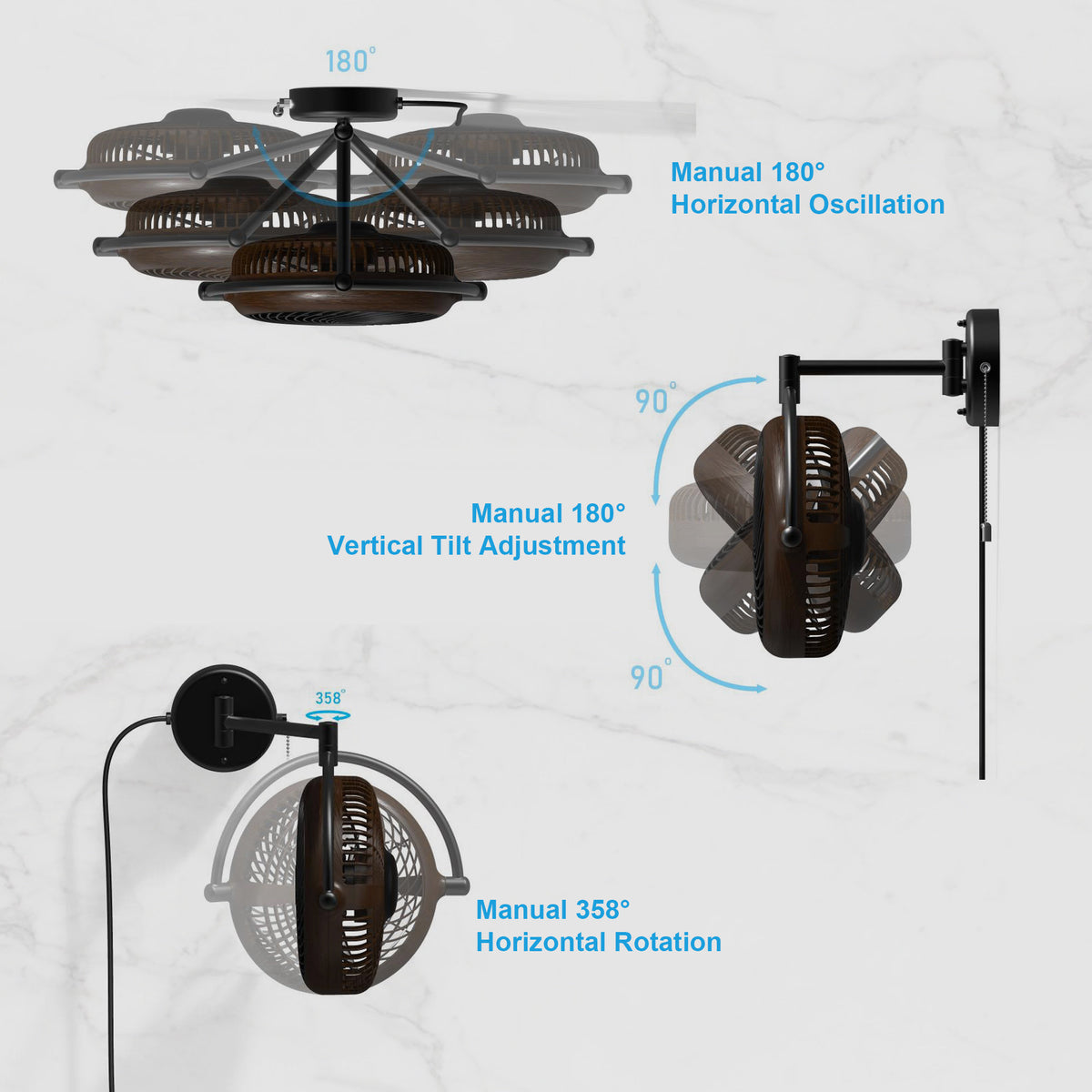 Wall-mounted ceiling fan demonstrating 180 degree tilt and 358 degree horizontal rotation.