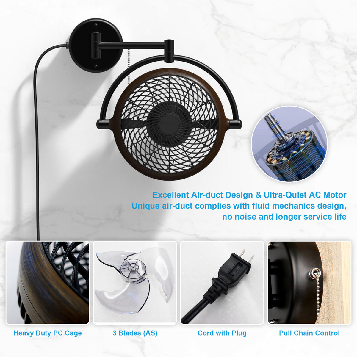 Wall-mounted ceiling fan with wooden frame and pull chain control