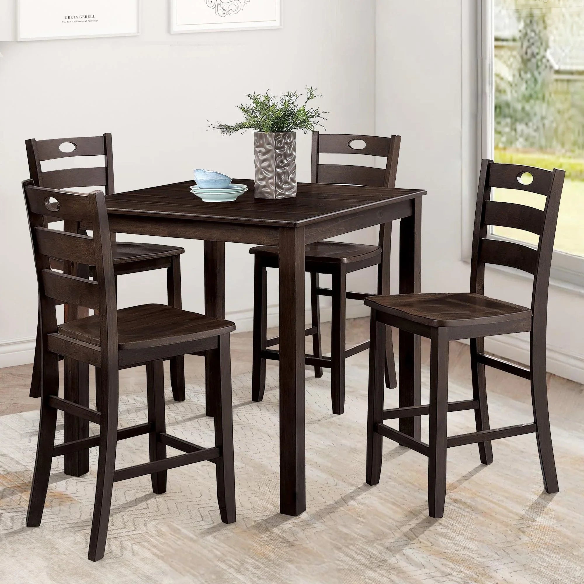 36"H Solid Rubberwood and Wood Veneer 5-Piece Counter Height Table Set