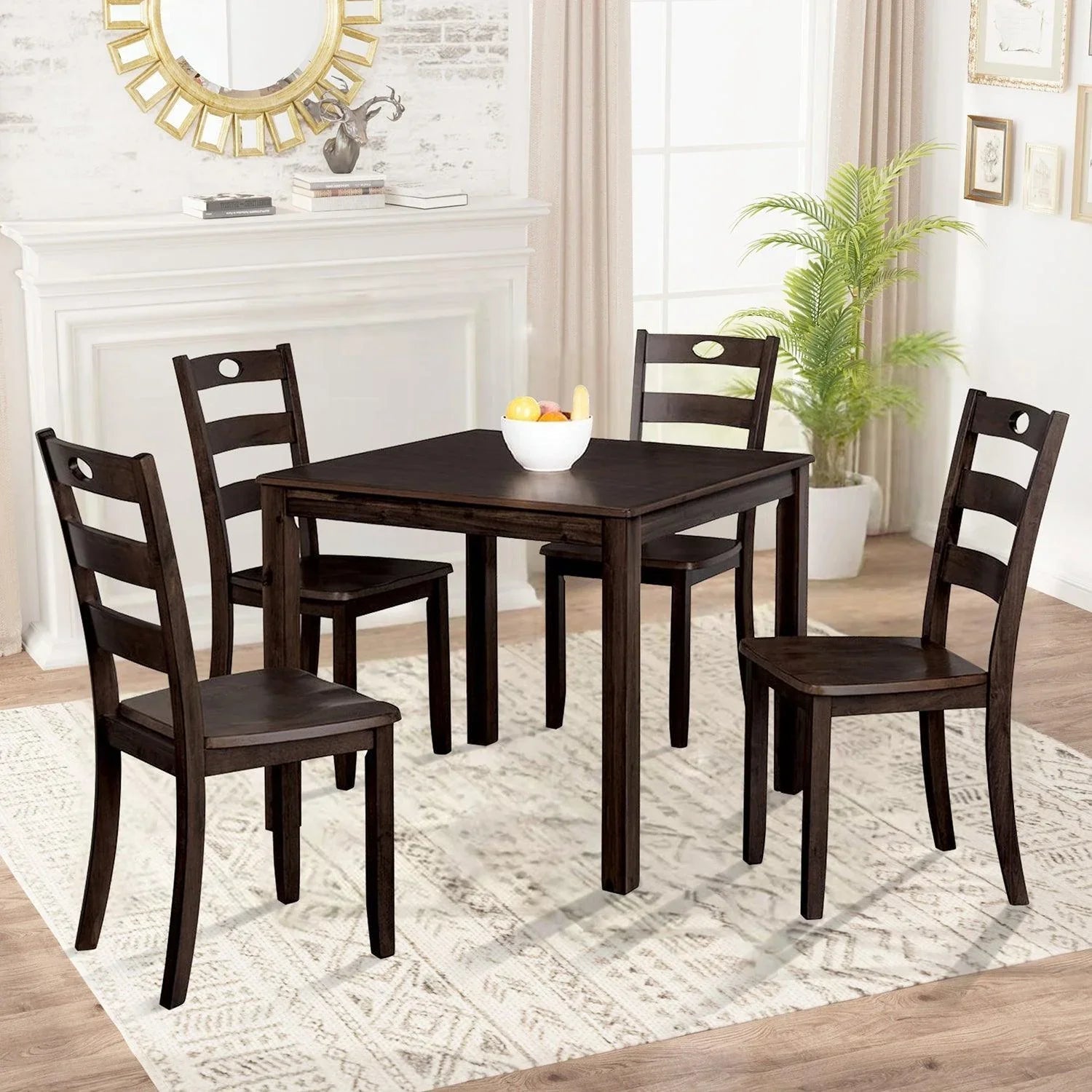 5-Piece Dining Set with Solid Rubberwood Table and Slat Back Chairs