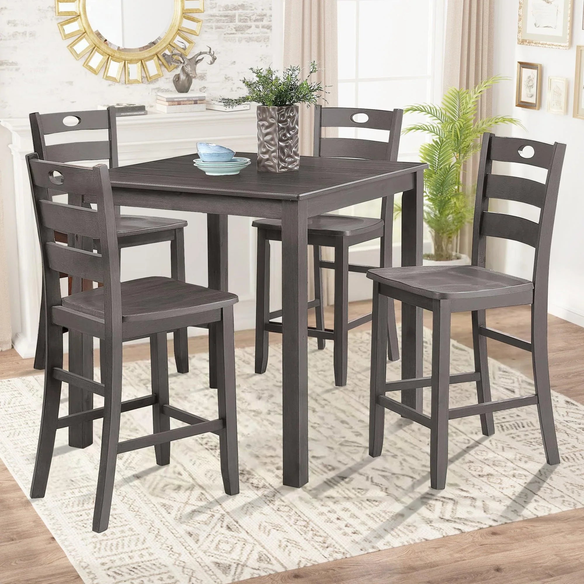 36"H Solid Rubberwood and Wood Veneer 5-Piece Counter Height Table Set