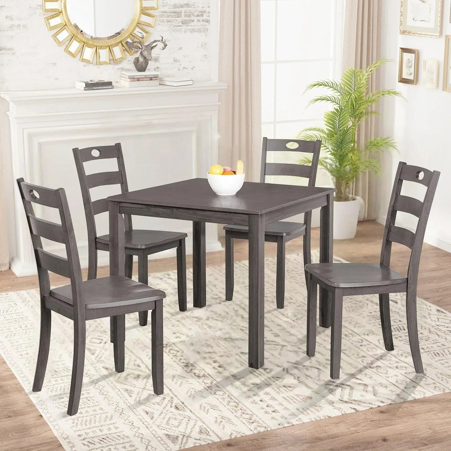 5-Piece Dining Set with Solid Rubberwood Table and Slat Back Chairs